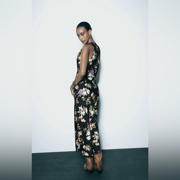 Zara Gathered Floral Print Midi Dress Event Wedding Guest Spring Size XL - Picture 11 of 16